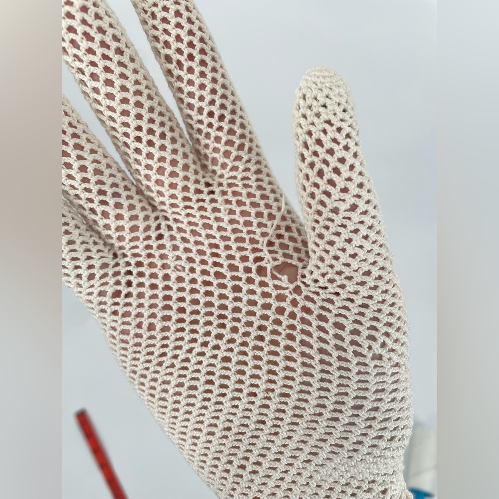 Fantastic Handmade Vintage Crocheted Cream Sheer Gloves With 3D Rosettes - Picture 12 of 12